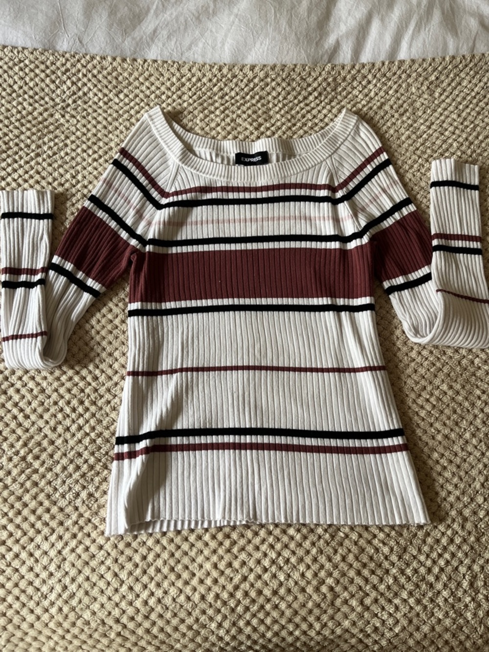 Express Off-the-Shoulder Ribbed Sweater in Cream, Burgundy & Black